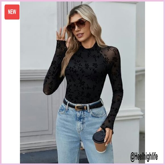 Long Sleeve Mesh Blouse Mock Neck Double Lined Fitted Top - Picture 3 of 7